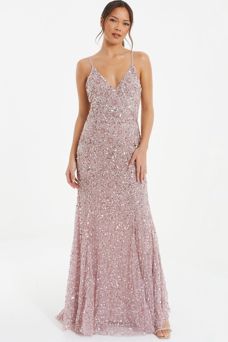 Sequin Strappy Evening Dress - Pink