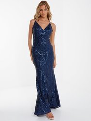 Sequin V Neck Strap Fishtail Maxi Dress - Blue