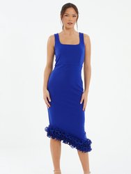 Square Neck Midi Dress With Frill Trim - Blue