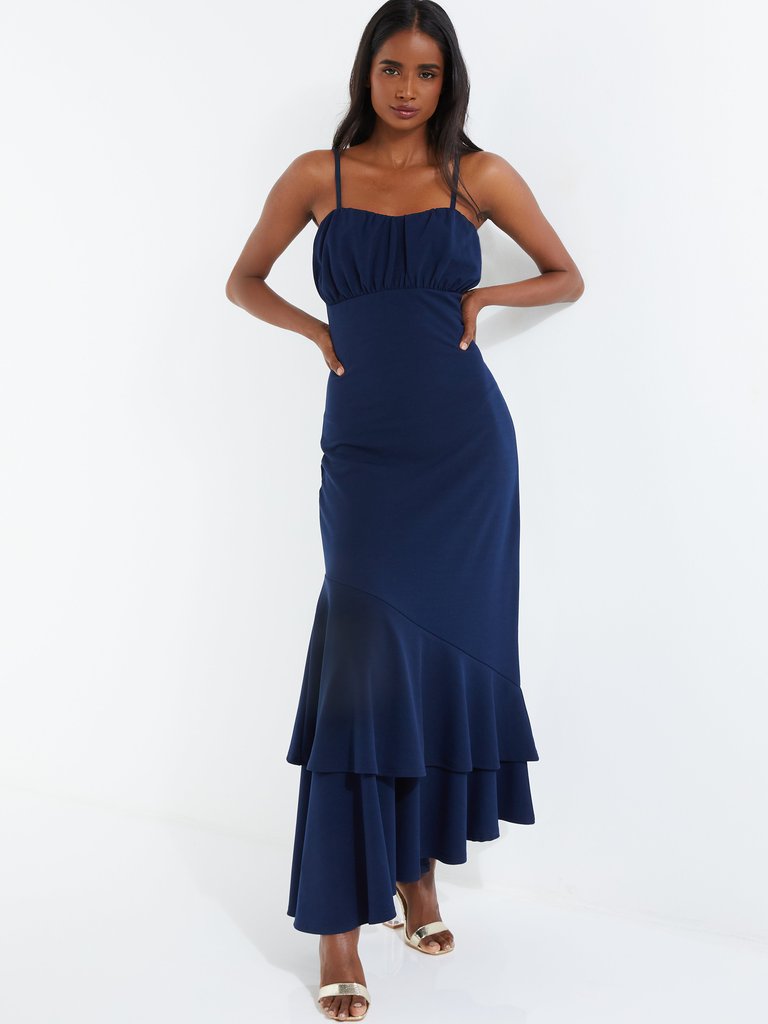 Tie Strap Midi Dress With Asymmetric Hem - Blue