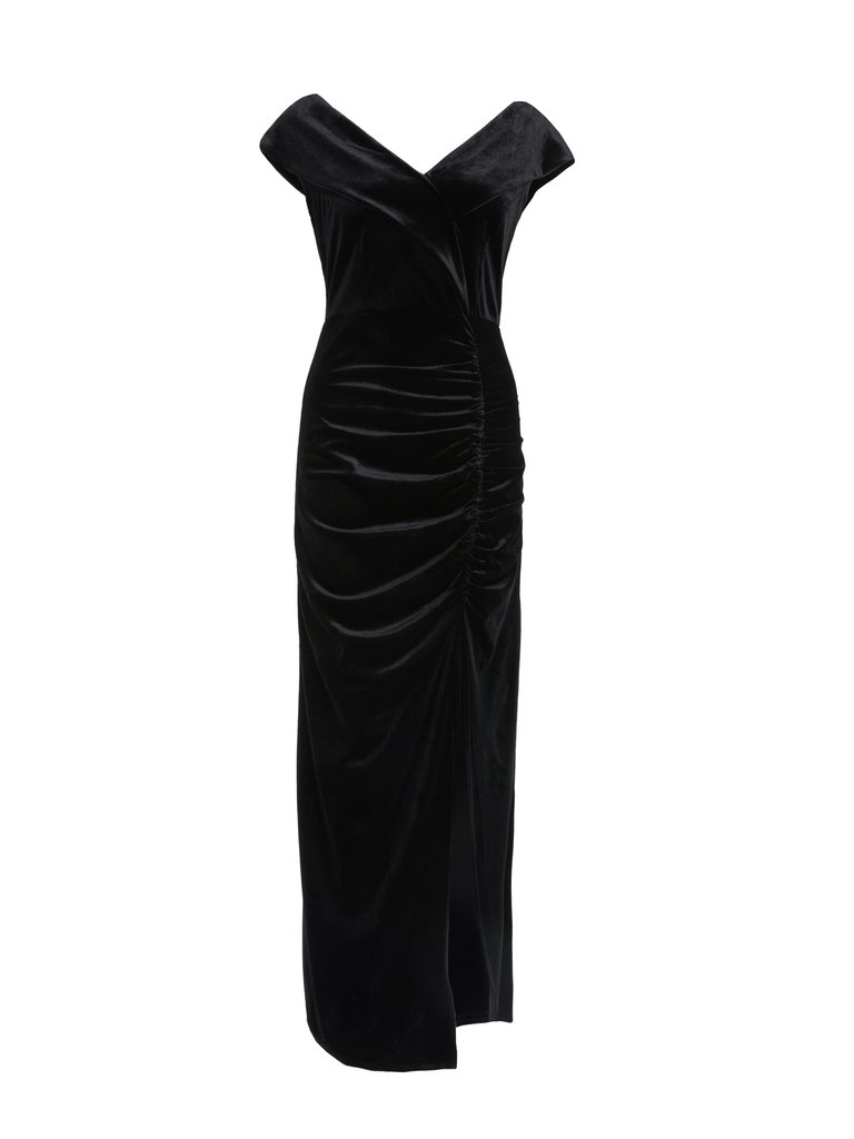 Velvet Bardot Ruched Maxi Dress - Black