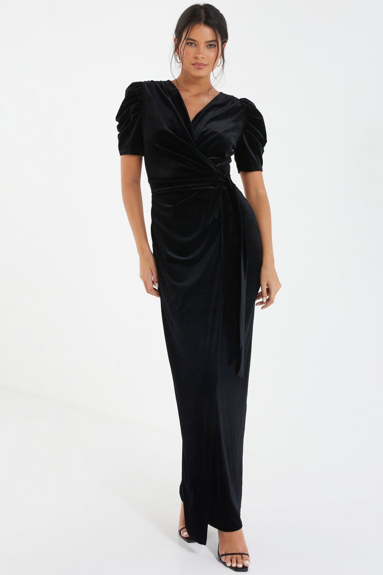 Velvet Wrap Maxi Dress With Puff Sleeves - Black