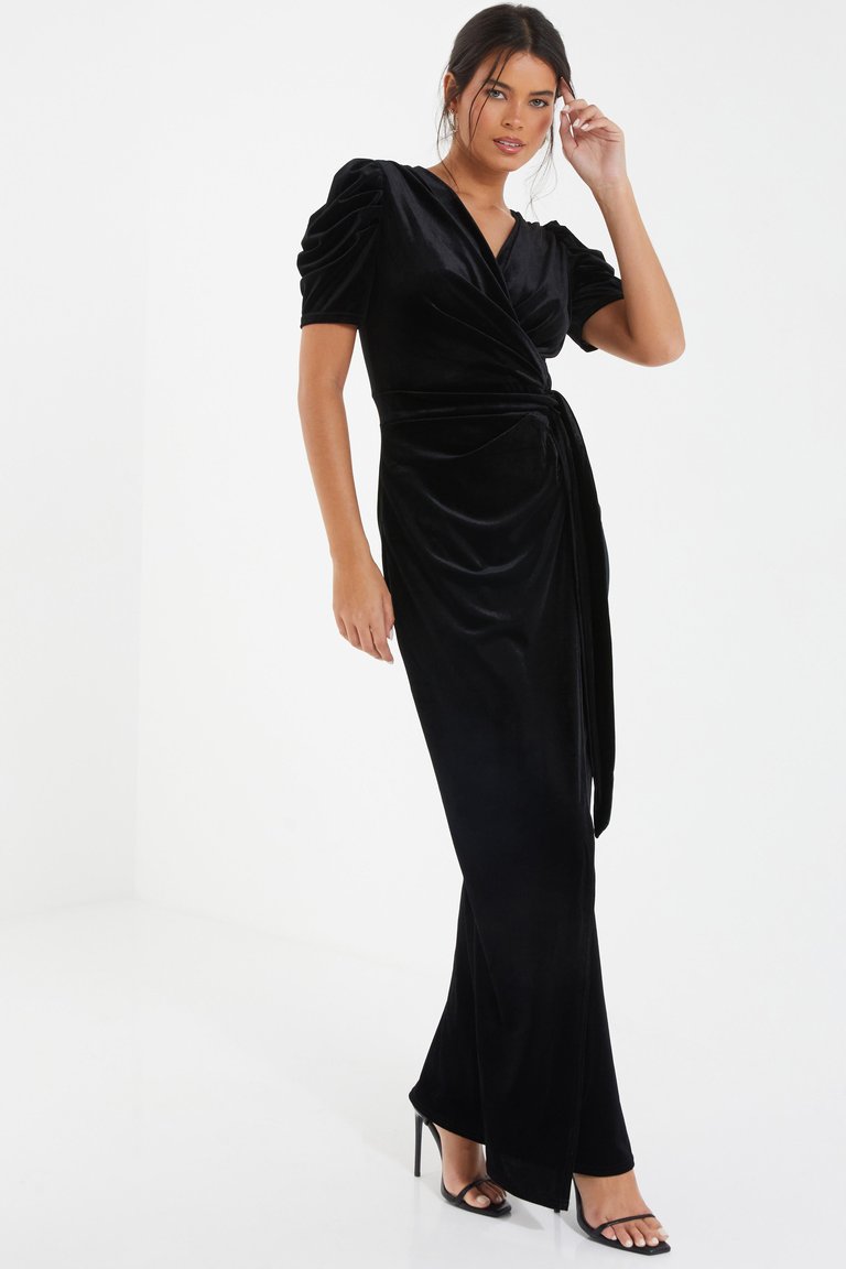 Velvet Wrap Maxi Dress With Puff Sleeves