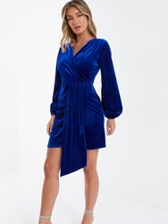Velvet Wrap Sash Bodycon Dress - Blue