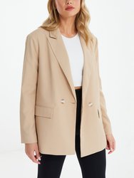 Woven Oversized Double-Breasted Tailored Blazer - Camel
