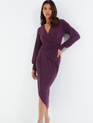 Wrap-Front Ruched Midi Dress - Purple