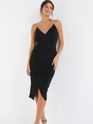 Wrap Midi Dress With Embellished Straps - Black