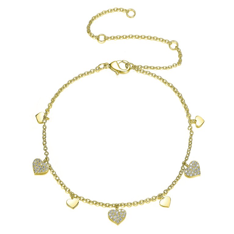 14K Gold Plated Cubic Zirconia Heart Charm Bracelet - Gold