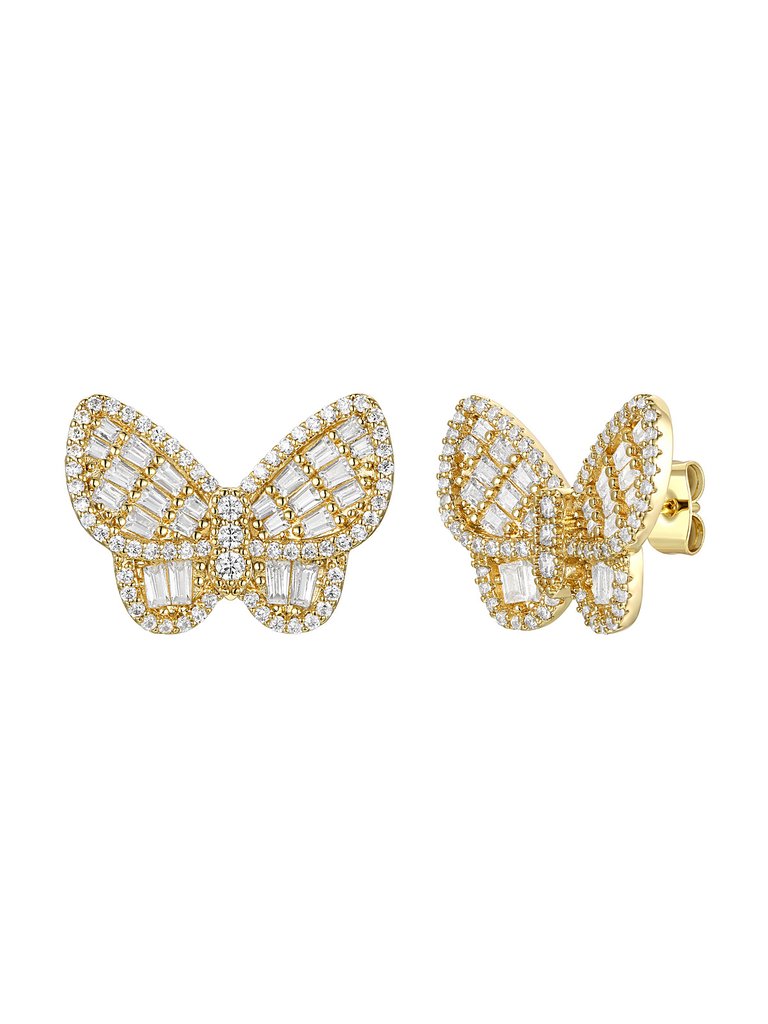14k Gold Plated Diamond Cubic Zirconia Clusters Butterfly Stud Earrings - Gold
