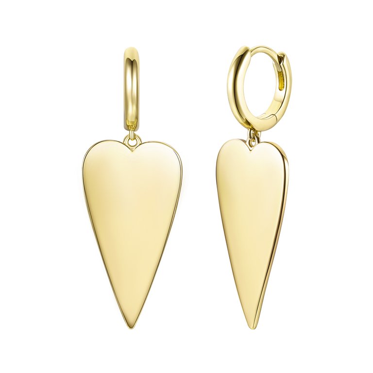 14k Gold Plated Elongated Heart Charm Dangle Mini Hoop Earrings - Gold