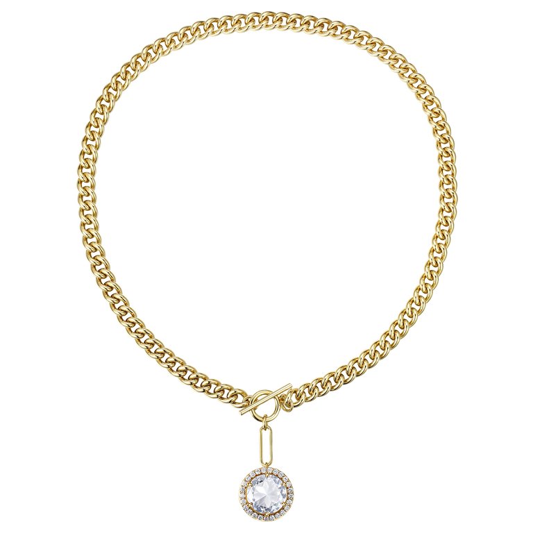 14k Gold Plated With Diamond Cubic Zirconia Cluster Drop Curb Chain Necklace W/ Toggle Clasp - Gold