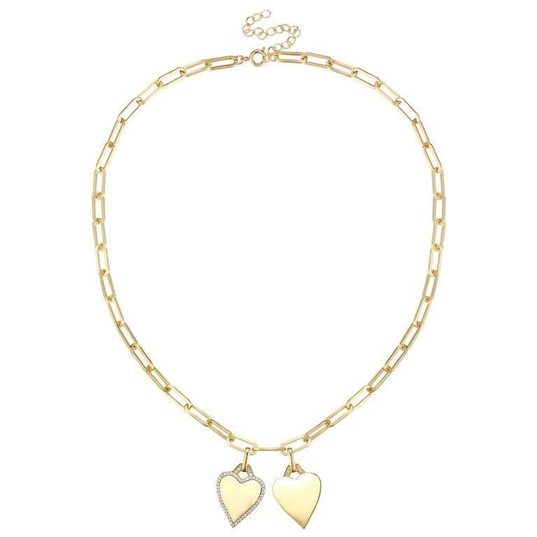 14k Gold Plated With Diamond Cubic Zirconia Double Heart Charm Necklace - Gold