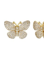 14K Gold Plated With Diamond Cubic Zirconia French Pave Butterfly Stud Earrings - Gold