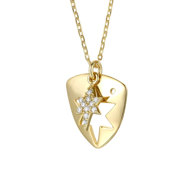 14k Gold Plated With Diamond Cubic Zirconia Laser-Cut 6-Pointed Star Triangle Shield Double Pendant Charm Necklace