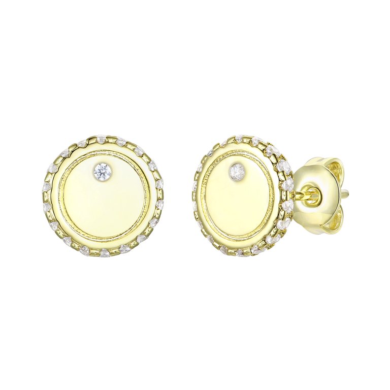 14k Gold Plated With Diamond Cubic Zirconia Pave Button Stud Earrings - Gold