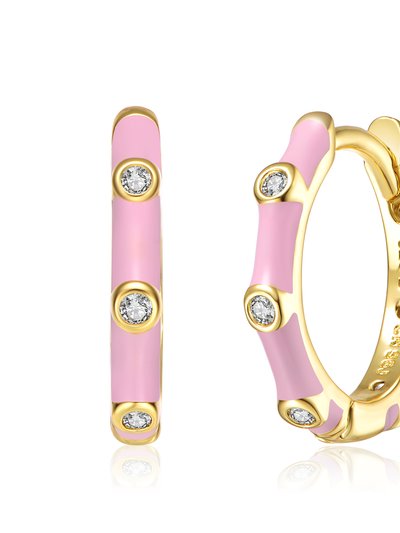 Rachel Glauber 14k Gold Plated with Diamond Cubic Zirconia Pink Enamel Bamboo Hoop Earrings product