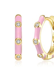 14k Gold Plated with Diamond Cubic Zirconia Pink Enamel Bamboo Hoop Earrings - Pink