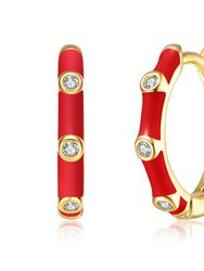 14k Gold Plated with Diamond Cubic Zirconia Pink Enamel Bamboo Hoop Earrings - Red