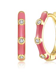 14k Gold Plated with Diamond Cubic Zirconia Pink Enamel Bamboo Hoop Earrings - Orange