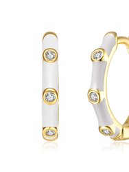 14k Gold Plated with Diamond Cubic Zirconia Pink Enamel Bamboo Hoop Earrings - White