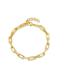 14k Gold Plated With Diamond Cubic Zirconia Rectangular Cable Link Adjustable Bracelet - Gold