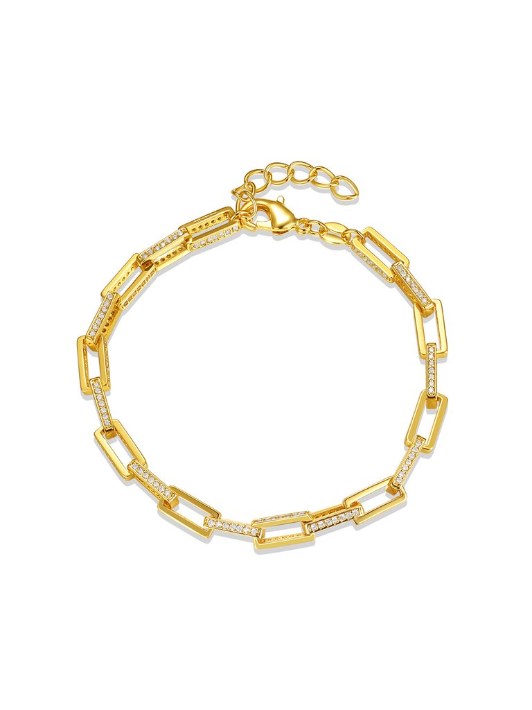 14k Gold Plated With Diamond Cubic Zirconia Rectangular Cable Link Adjustable Bracelet - Gold