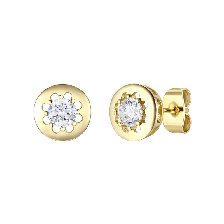 14k Gold Plated With Diamond Cubic Zirconia Round Modern Bezel Stud Earrings - Gold
