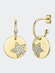 14k Gold Plated With Diamond Cubic Zirconia Star and Round Heart Charm Dangle C-Hoop Earrings - Gold