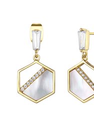 14k Gold Plated With Mother Of Pearl & Diamond Cubic Zirconia Hexagon Dangle Earrings - Gold