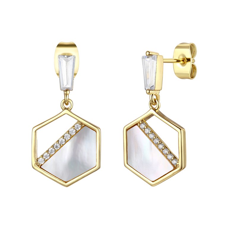 14k Gold Plated With Mother Of Pearl & Diamond Cubic Zirconia Hexagon Dangle Earrings - Gold