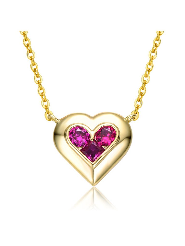 14k Gold Plated With Ruby Red Cubic Zirconia Cluster Petite Heart Halo Pendant Necklace - Ruby Red