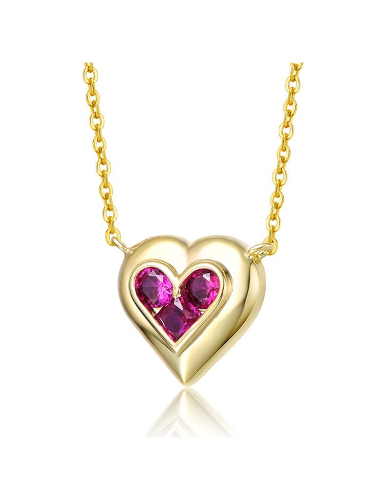 14k Gold Plated With Ruby Red Cubic Zirconia Cluster Petite Heart Halo Pendant Necklace