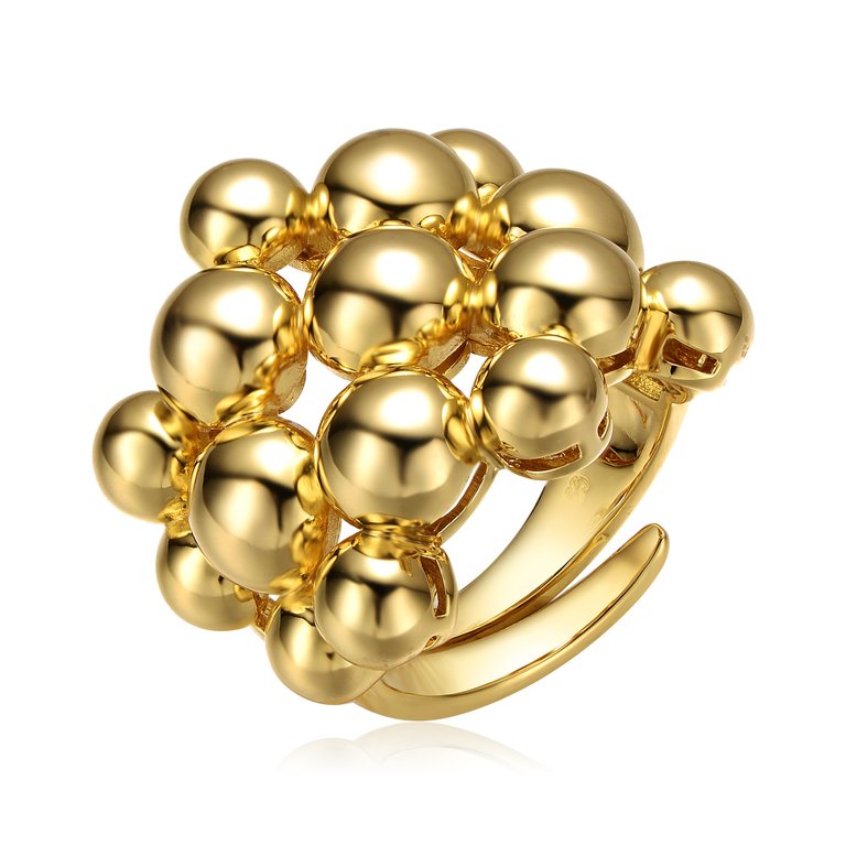 14k Yellow Gold Plated Bead Ball Cluster Bouquet Adjustable Statement Ring - Gold