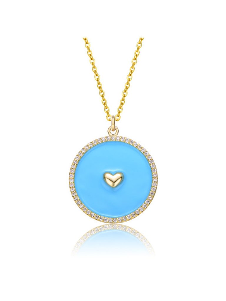 14k Yellow Gold Plated With Clear Cubic Zirconia And Colored Enamel Round Pendant - Blur Topaz