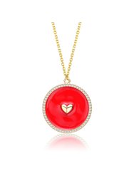 14k Yellow Gold Plated With Clear Cubic Zirconia And Colored Enamel Round Pendant - Ruby Red
