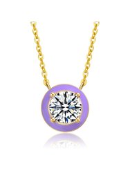 14k Yellow Gold Plated With Clear Cubic Zirconia Purple Enamel Round pendant Necklace - Amethyst
