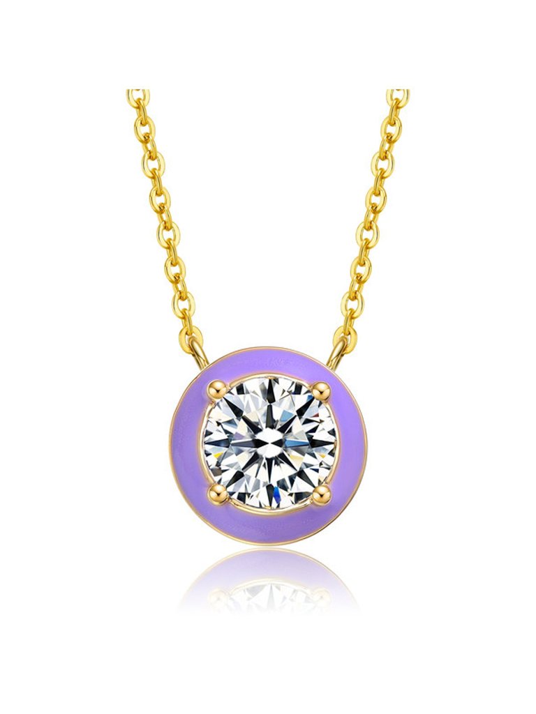 14k Yellow Gold Plated With Clear Cubic Zirconia Purple Enamel Round pendant Necklace - Amethyst