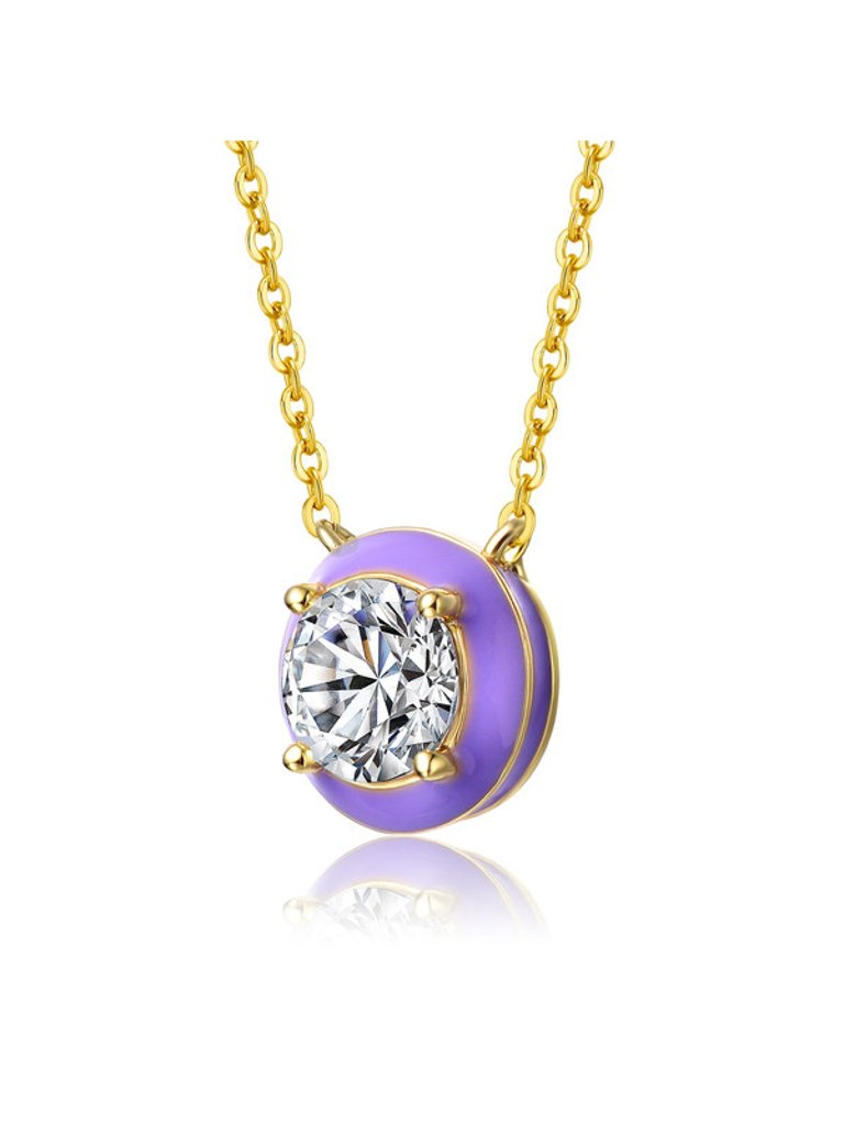 14k Yellow Gold Plated With Clear Cubic Zirconia Purple Enamel Round pendant Necklace