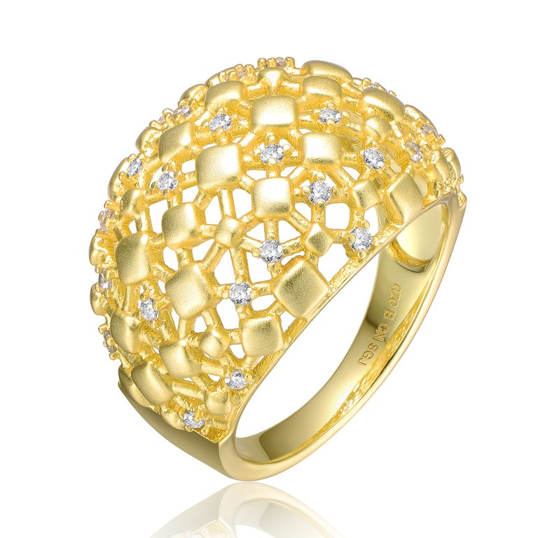 14k Yellow Gold Plated With Cubic Zirconia Dome-Shaped Textured Nugget Ring - Gold