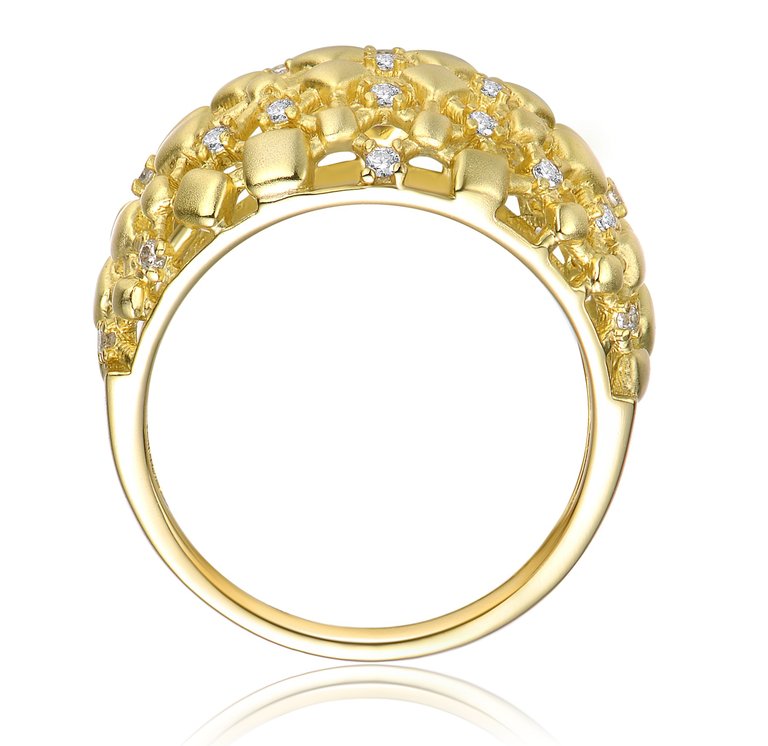 14k Yellow Gold Plated With Cubic Zirconia Dome-Shaped Textured Nugget Ring