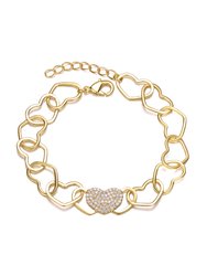 14k Yellow Gold Plated With Cubic Zirconia Pave Heart Charm Link Chain Bracelet - Adjustable W/ Extension Chain - Gold