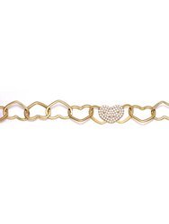 14k Yellow Gold Plated With Cubic Zirconia Pave Heart Charm Link Chain Bracelet - Adjustable W/ Extension Chain