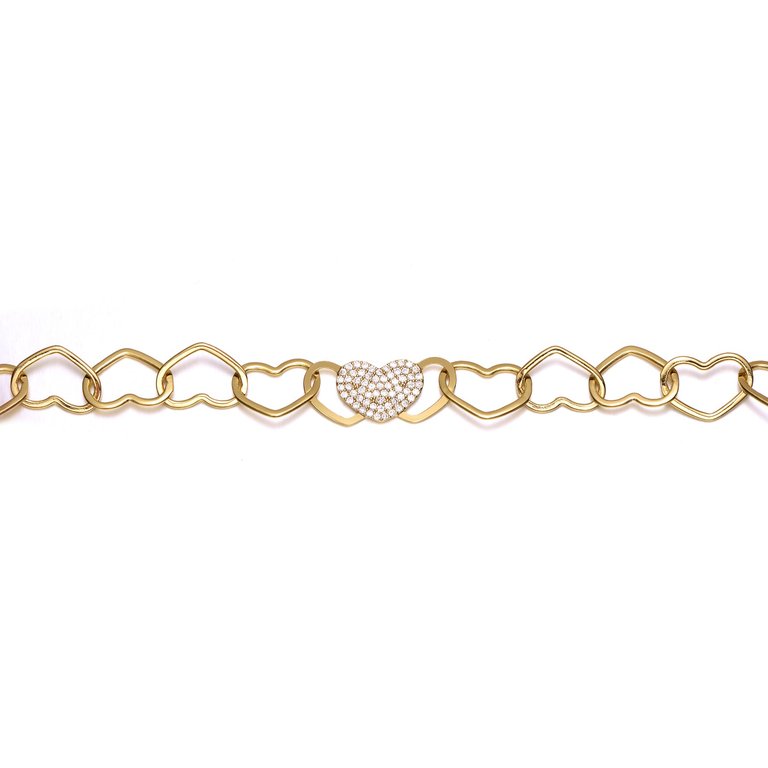 14k Yellow Gold Plated With Cubic Zirconia Pave Heart Charm Link Chain Bracelet - Adjustable W/ Extension Chain