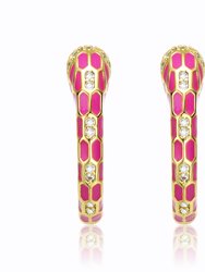 14k Yellow Gold Plated With Cubic Zirconia Pink Enamel Python Snake C-Hoop Earrings