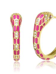 14k Yellow Gold Plated With Cubic Zirconia Pink Enamel Python Snake C-Hoop Earrings - Gold/Rose