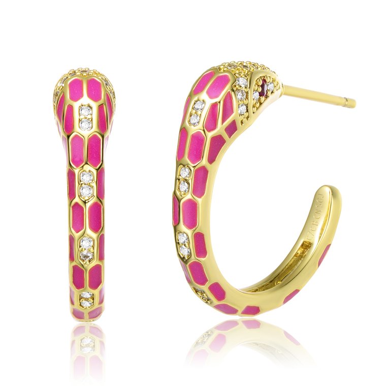 14k Yellow Gold Plated With Cubic Zirconia Pink Enamel Python Snake C-Hoop Earrings - Gold/Rose