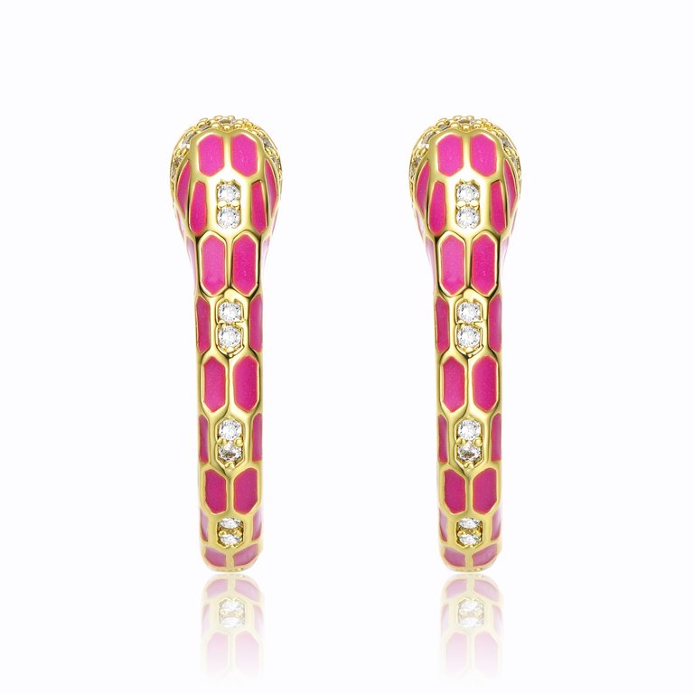 14k Yellow Gold Plated With Cubic Zirconia Pink Enamel Python Snake C-Hoop Earrings