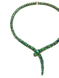 14k Yellow Gold Plated With Emerald Cubic Zirconia Blue & Green Enamel Coiled Serpent Snake Stiff Collar Necklace - Green