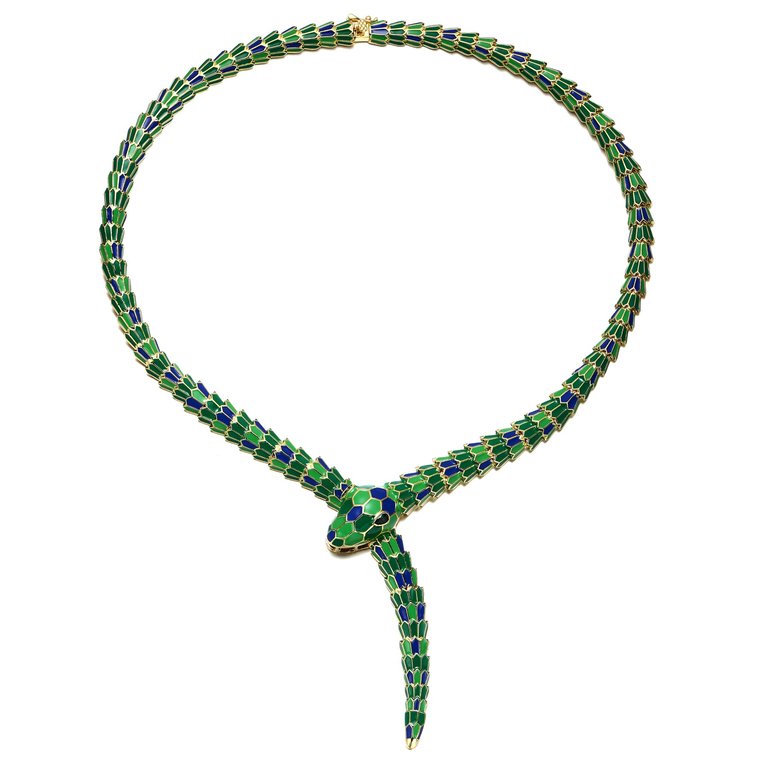 14k Yellow Gold Plated With Emerald Cubic Zirconia Blue & Green Enamel Coiled Serpent Snake Stiff Collar Necklace - Green