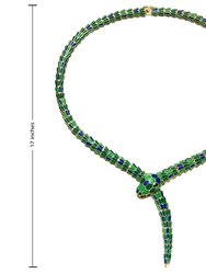 14k Yellow Gold Plated With Emerald Cubic Zirconia Blue & Green Enamel Coiled Serpent Snake Stiff Collar Necklace